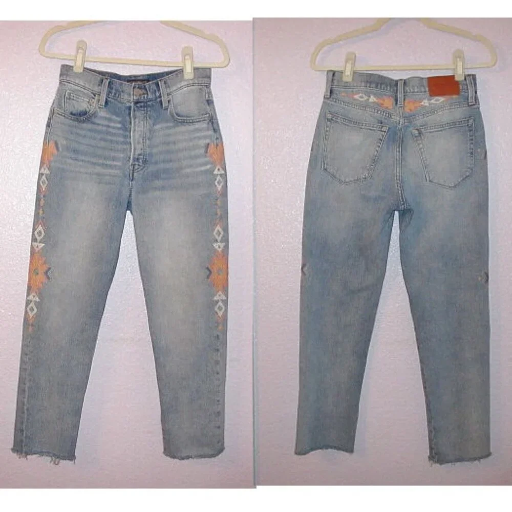 Lucky Brand Aztec Embroidered Jeans Womens 2 / 26 Button Fly High Rise Crop Drew